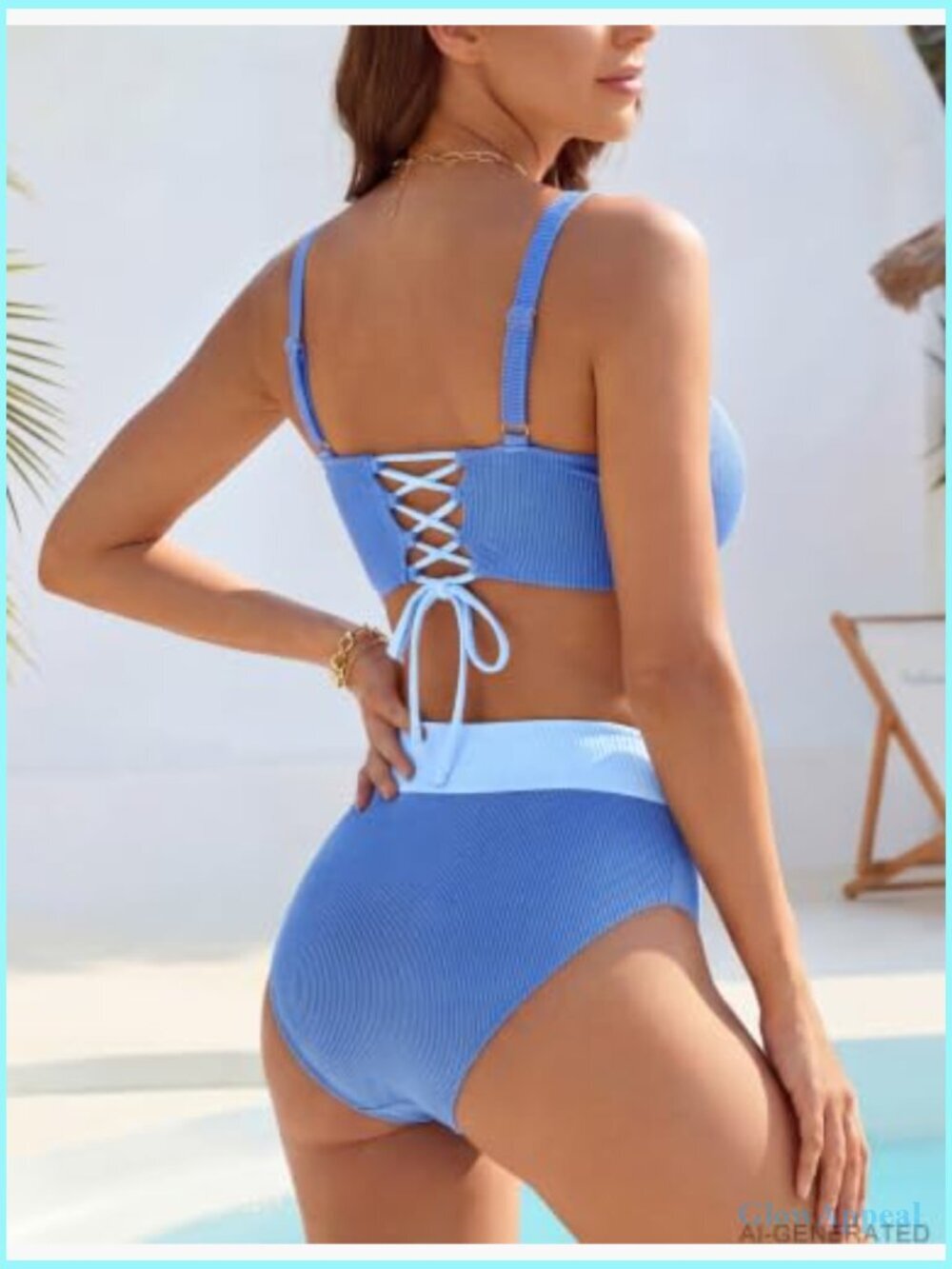 High Waisted Ribbed Bikini Set V Neck Cutout Lace Up Back Tankini Two Piece - Picture 2 of 7